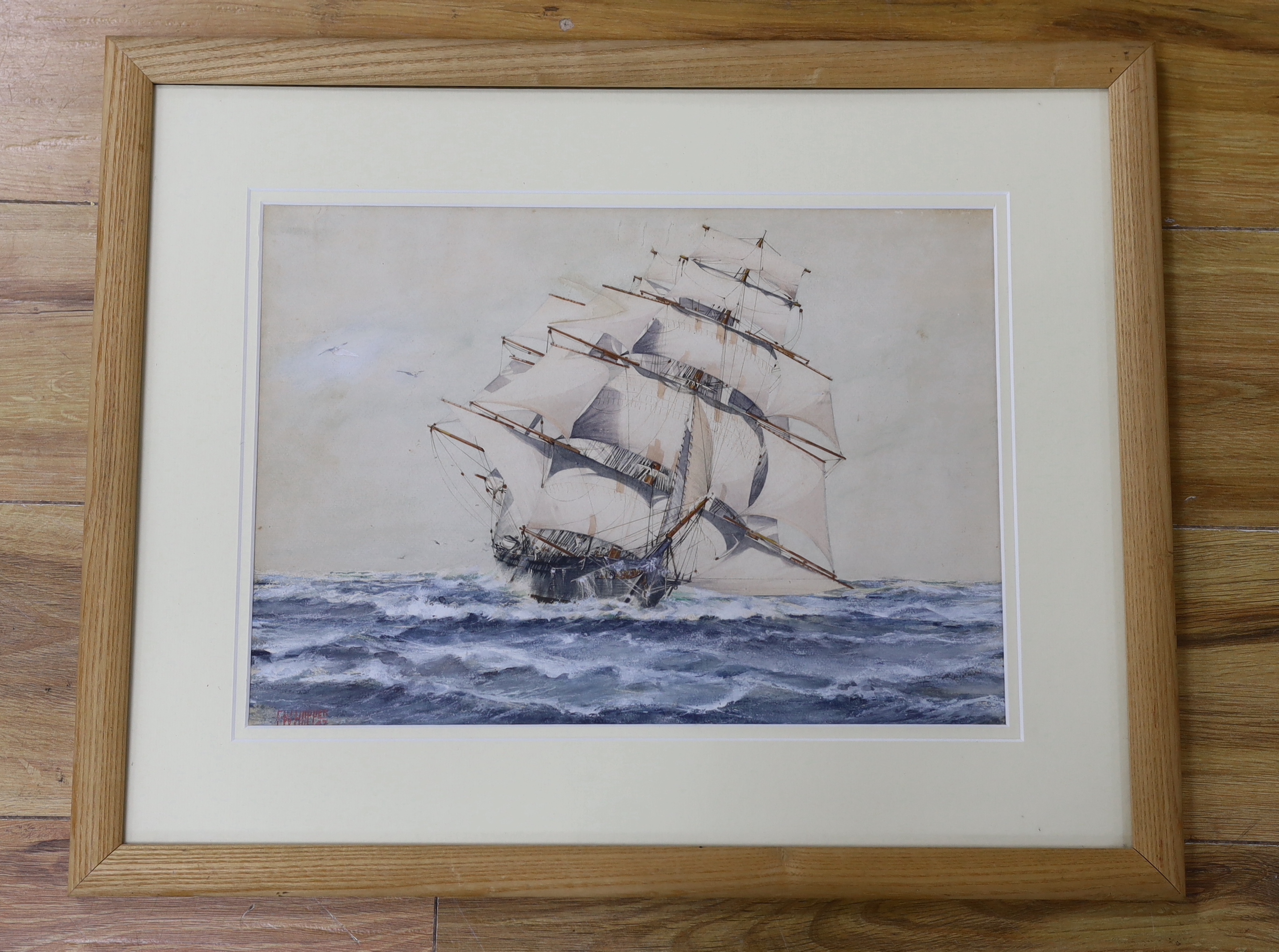 F.W. Hopper (First half 20th century), watercolour, clipper on high seas, signed and dated 47, 26.5 x 38 cm
